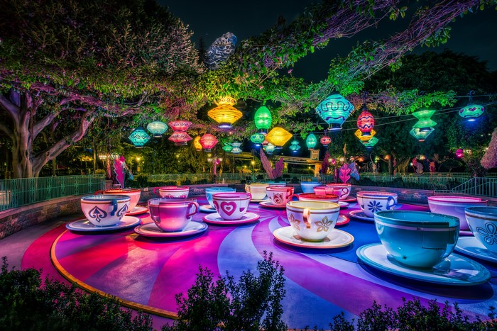 Disneyland Mad Tea Party ride at night