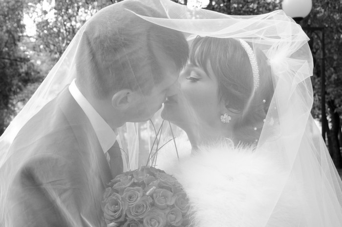 Bride and groom kissing under a veil