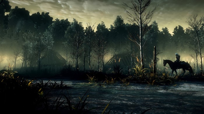 Ciri on horseback in a foggy forest from The Witcher 3: Wild Hunt