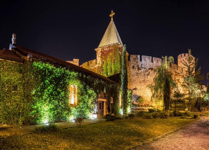 Church and fortress at night in Belgrade, Serbia