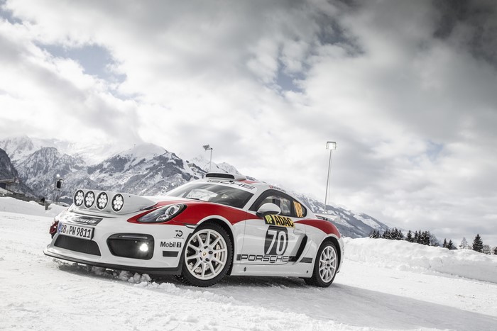 Porsche Cayman GT4 Rally car in snow