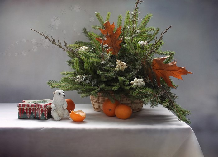 Christmas still life with polar bear and tangerines