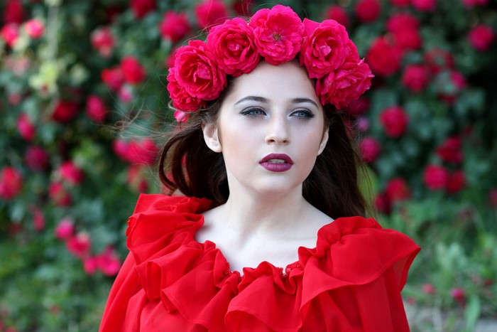 Woman with Rose Wreath and Red Dress