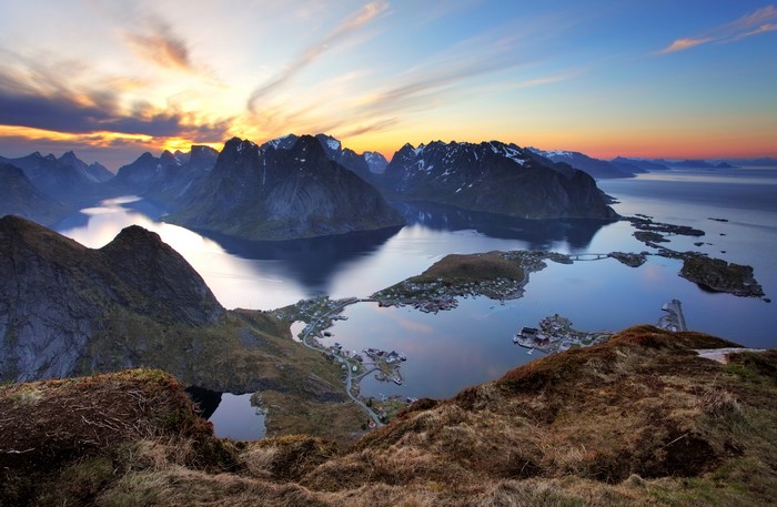 #857642 Norway, Lofoten, Mountains, Sunrises and sunsets, Bay - Rare ...