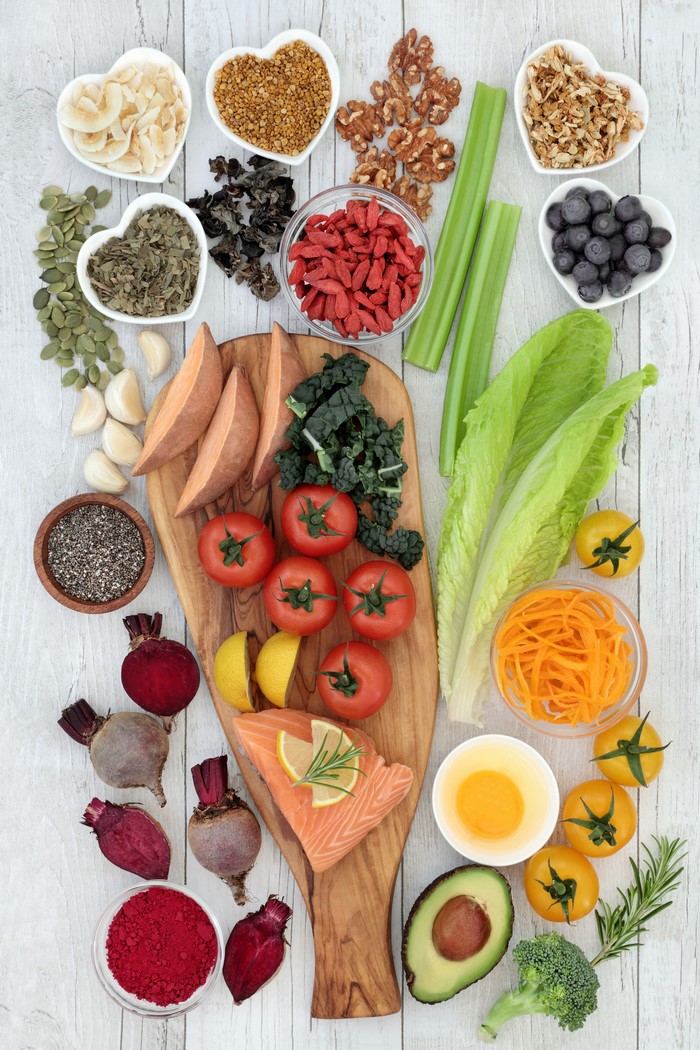 Healthy food assortment on a wooden board