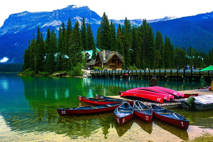 Canoes on Emerald Lake in Yoho National Park, Canada