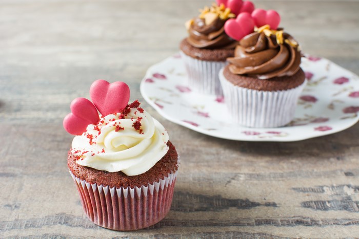 Red Velvet and Chocolate Cupcakes with Heart Decorations