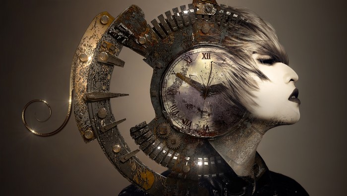 Steampunk clock face on a woman's head