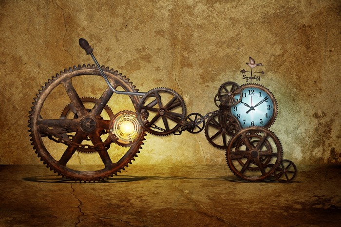 Steampunk bicycle with gears and clock