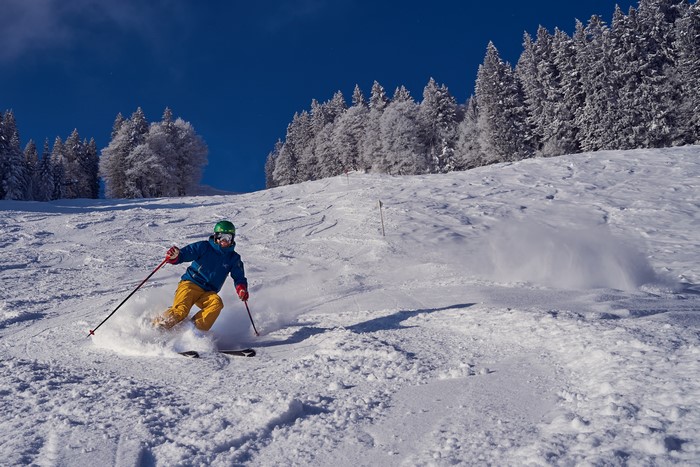 Man skiing down a snowy slope with trees in the background