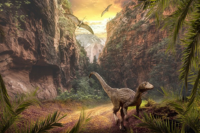 Dinosaurs and Pterodactyls in a Mountainous Canyon
