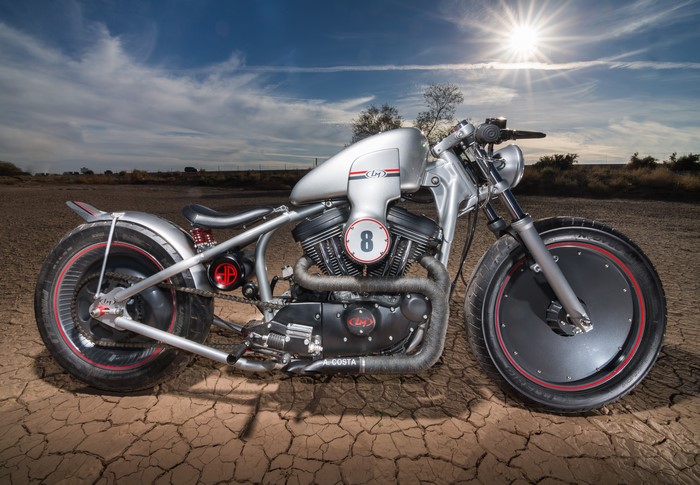Custom Harley-Davidson motorcycle in desert landscape