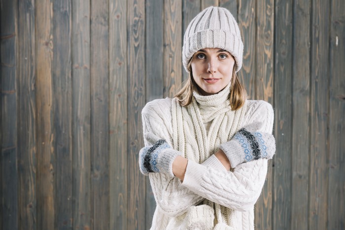 Woman in winter hat, sweater, and mittens