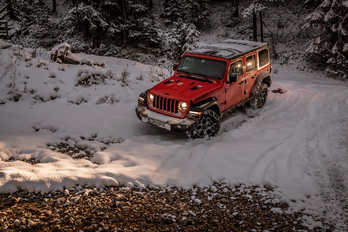 Red Jeep Wrangler Unlimited Rubicon in Snow