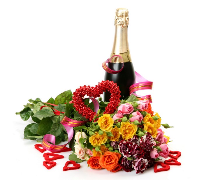 Champagne bottle with roses and heart decorations