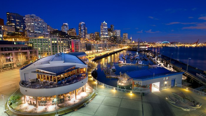 Seattle Waterfront at Night with City Skyline and Marina