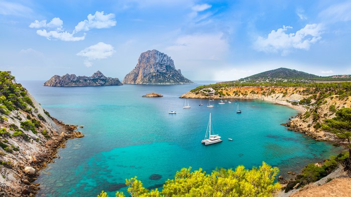 4K Ibiza Bay with Es Vedrà Island and Yachts