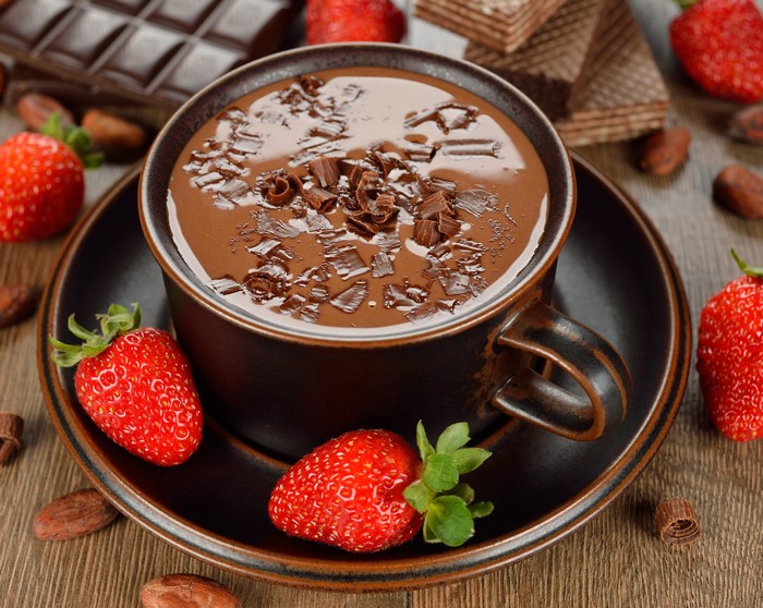 Hot Chocolate with Strawberries and Chocolate Bar