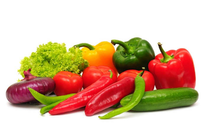 Vegetables: Onion, Bell Peppers, Cucumbers, Tomatoes, Lettuce