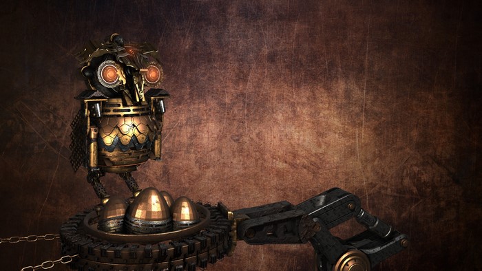 Steampunk owl with mechanical arm and eggs