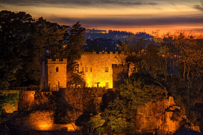 Castle of Porto de Santa Cruz, Galicia, Spain at dusk