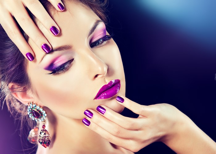 4K Close-Up Portrait of Woman with Purple Makeup and Manicure