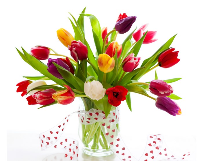 Bouquet of Tulips in a Vase with Ribbon