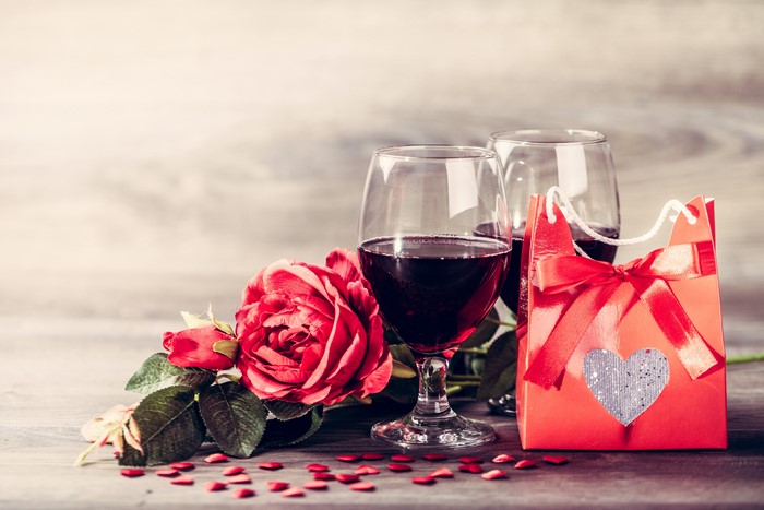 Valentine's Day Wine, Roses, and Gift