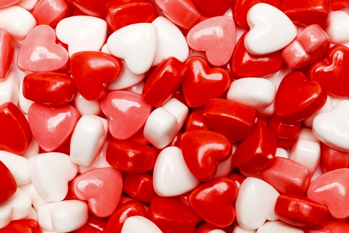 Red and white heart-shaped candies