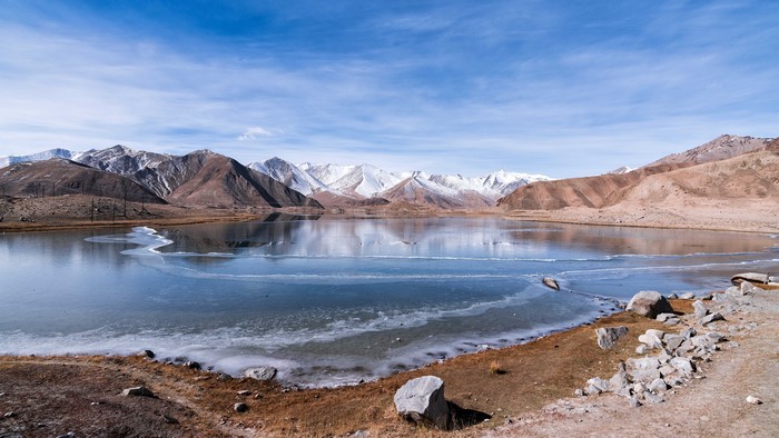 4K Mount Muztag Ata Lake China Mountains Stones