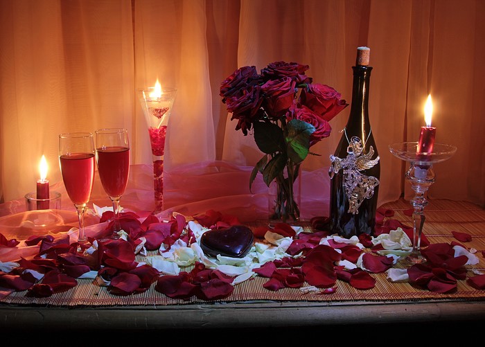Romantic Valentine's Day still life with roses and champagne