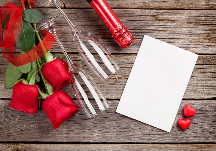 Valentine's Day Roses Champagne Glasses and Note