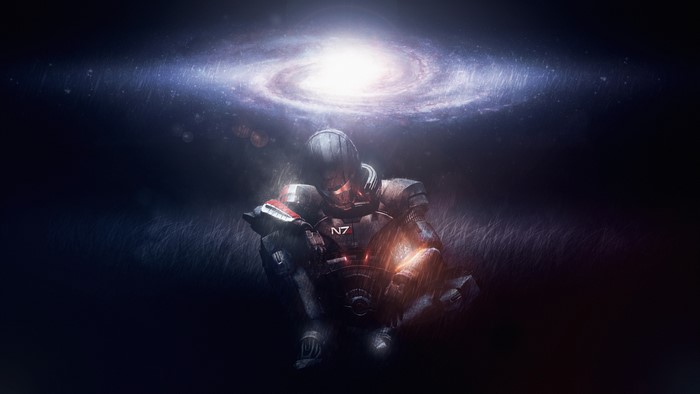 Commander Shepard from Mass Effect sitting under a galaxy