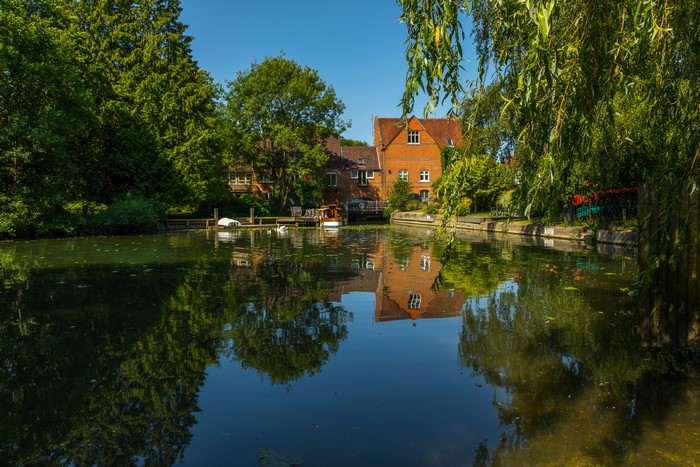 River with Mill and Swans in Whitchurch, England