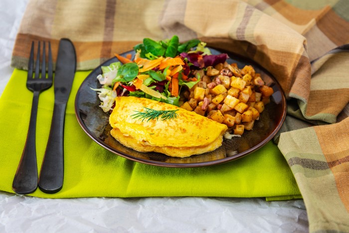Omelette with potatoes and salad on a plate