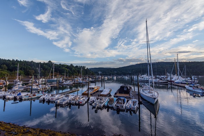 Boats docked in a marina at Acadia National Park, USA