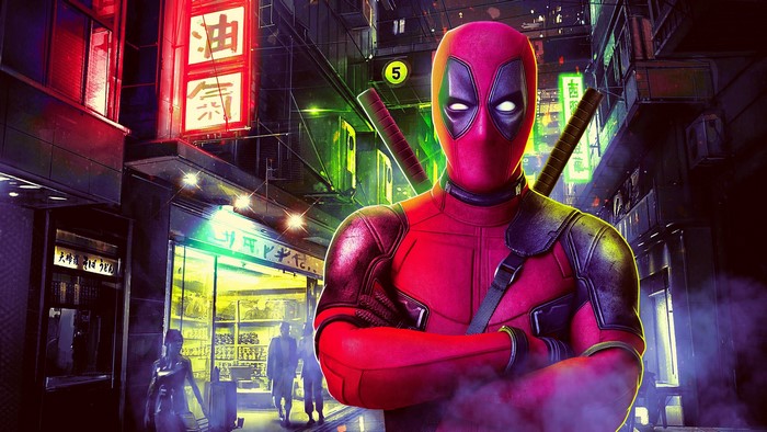 Deadpool in a Neon-Lit City Alley