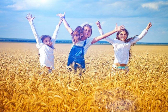Three girls jumping in a wheat field