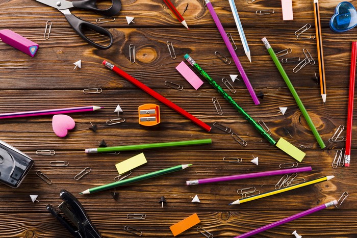 School Stationery on Wood Planks