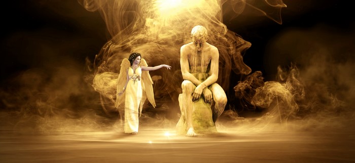 Angel reaching towards a seated stone man amidst smoke