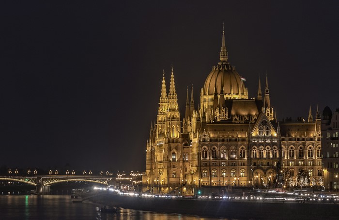 Budapest Parliament Building at Night with Bridge