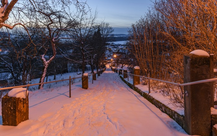 Snowy Staircase in Gesees, Germany at Dusk