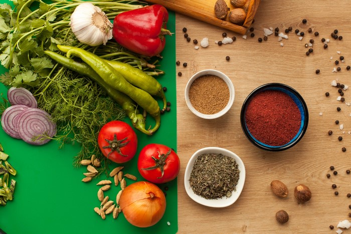 Vegetables and Spices on a Table