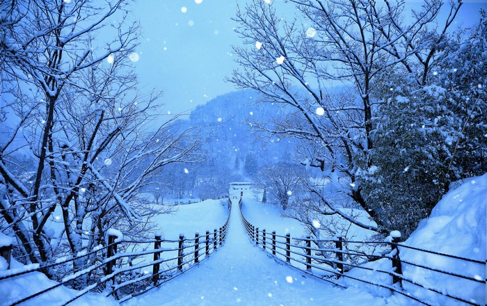 Snowy suspension bridge in Shirakawa-go and Gokayama, Japan