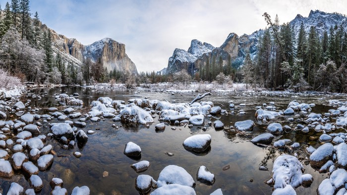 Yosemite National Park in Winter with Snow-Covered Rocks and Mountains