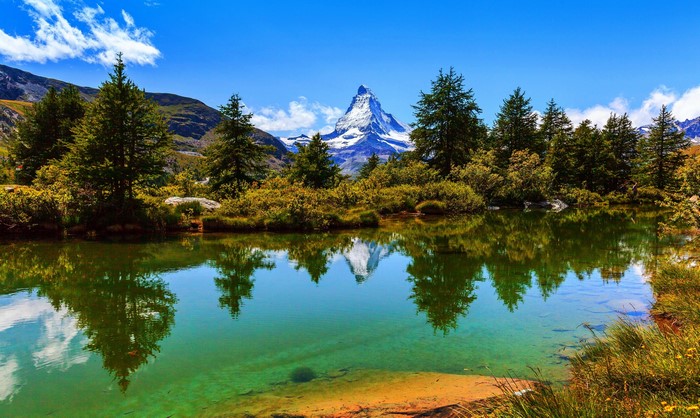 Matterhorn reflected in a mountain lake, Zermatt, Switzerland