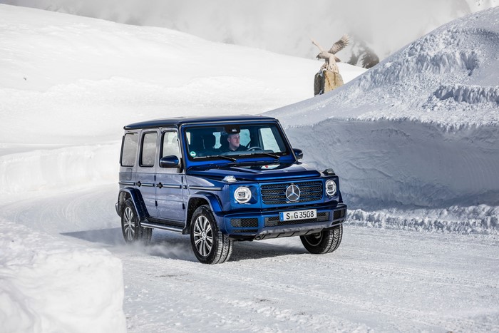 Blue Mercedes-Benz G 350 d SUV in Snow