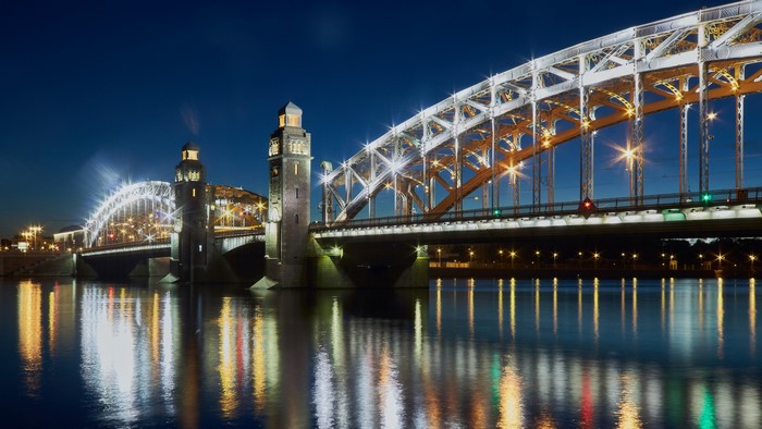 Bolsheokhtinsky Bridge at night in St. Petersburg, Russia