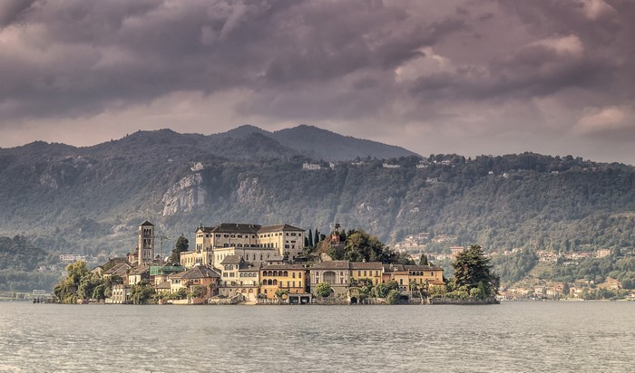 Isola San Giulio, Italy, with mountains and lake
