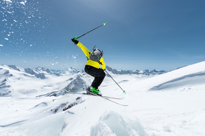 Skiing Jump in Snowy Mountains